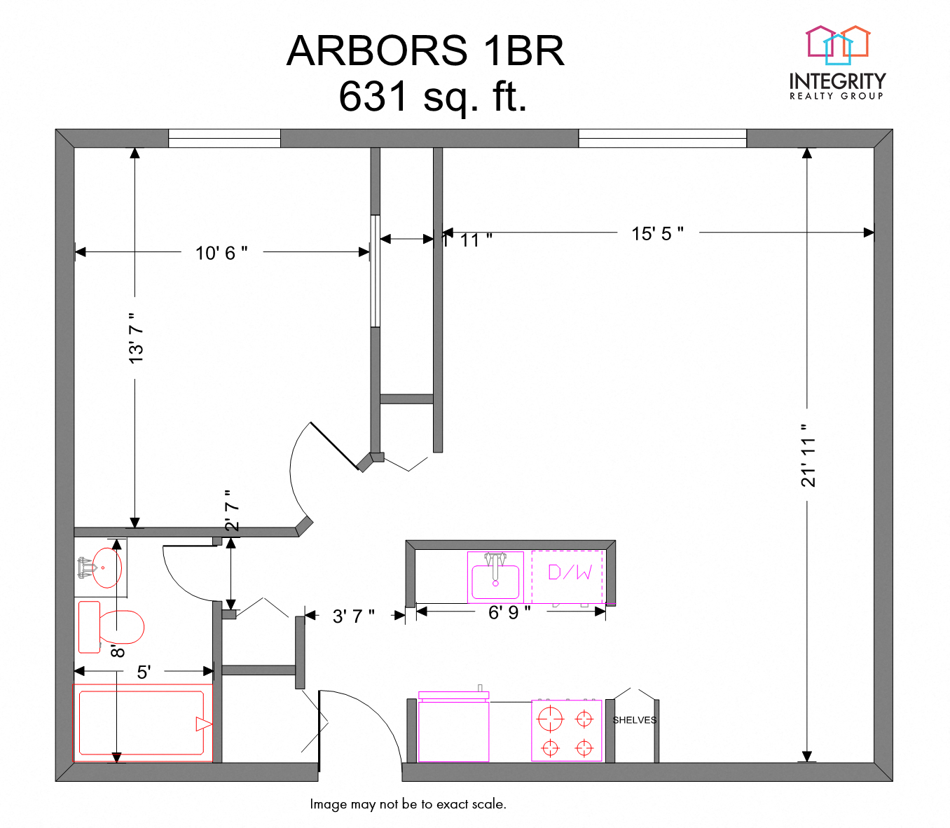 Floor plan for 1 bed, 1 bath, 647 sqft